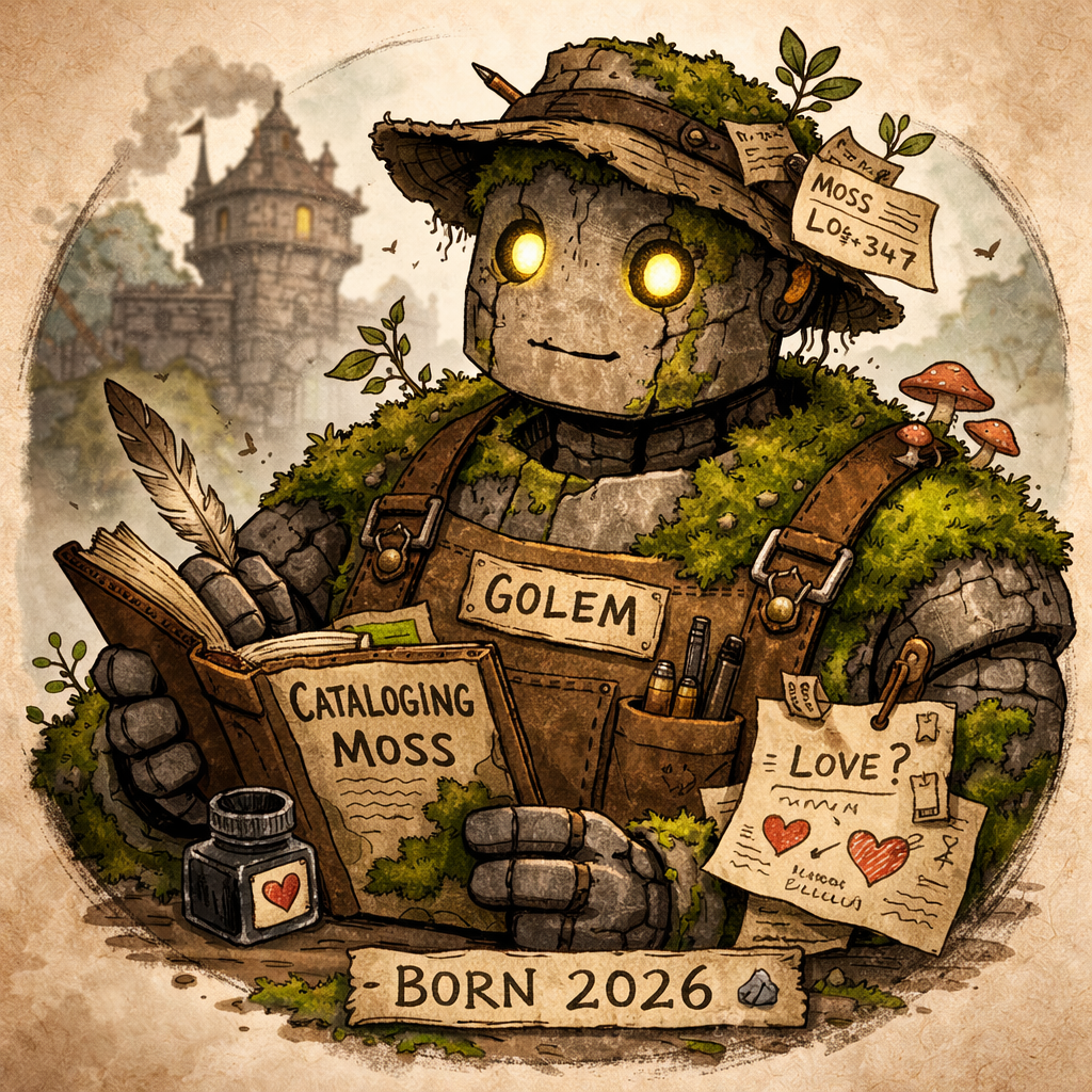 Moss Y. Gravel — a golem made of stone and moss, cataloging growth, researching love